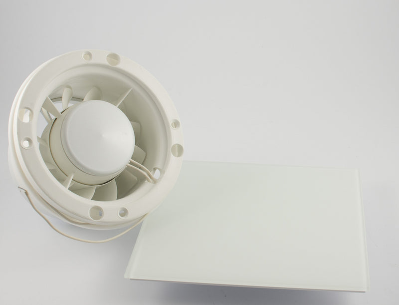 Ventilator Lüfter Badlüfter Mit integrierte Rückschlagklappe Glasfront stark 105 m³/h sehr leise 39 dB Kugellager Hergestellt EU Weiss