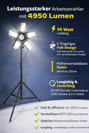 Latrans LED-Baustrahler mit Stativ, 100 W (2 x 50 W), 6500 K, Arbeitsleuchte, Arbeitsscheinwerfer, 5 m, Baustrahler, Baustellenlampe, für den Innen- und Außenbereich, höhenverstellbar (schwarz)