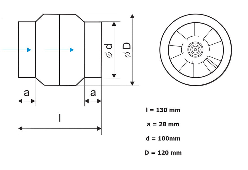 Axiale Rohrventilatoren zur Be- und Entlüftung mit einer Luftförderleistung von bis zu 150 m3/h. Kompatibel mit Lüftungsrohren mit Durchmesser 100 Hergestellt im EU