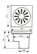 Floor drain - shower drain 100x100mm Ø 50, stainless steel grate angle or vertical (vertical H66mm) 